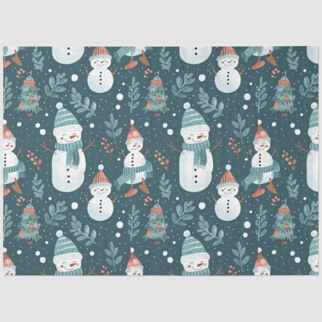 Snowmen Snow Trees Greenery Christmas Tissue Paper (Front)