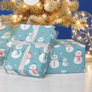 Snowmen Snowflakes Blue Modern Christmas Wrapping Paper