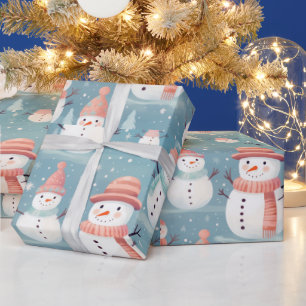 Snowmen Snowflakes Blue Modern Christmas Wrapping Paper