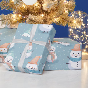 Snowmen Snowflakes Blue Modern Christmas Wrapping Paper
