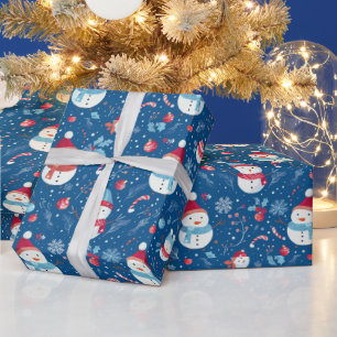 Snowmen Snowflakes Candy Canes Blue Christmas Wrapping Paper