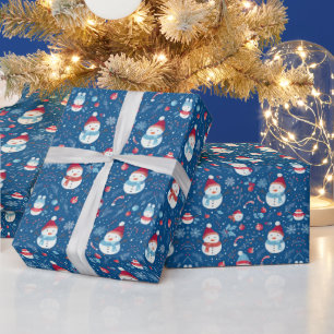 Snowmen Snowflakes Candy Canes Blue Christmas Wrapping Paper