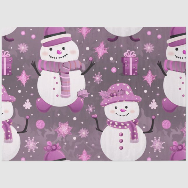 Snowmen Snowflakes Gifts Purple Grey Christmas Tissue Paper (Front)