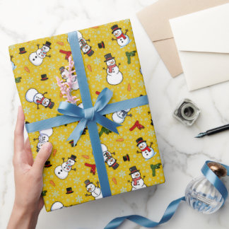 Snowmen & Snowflakes on Gold Wrapping Paper