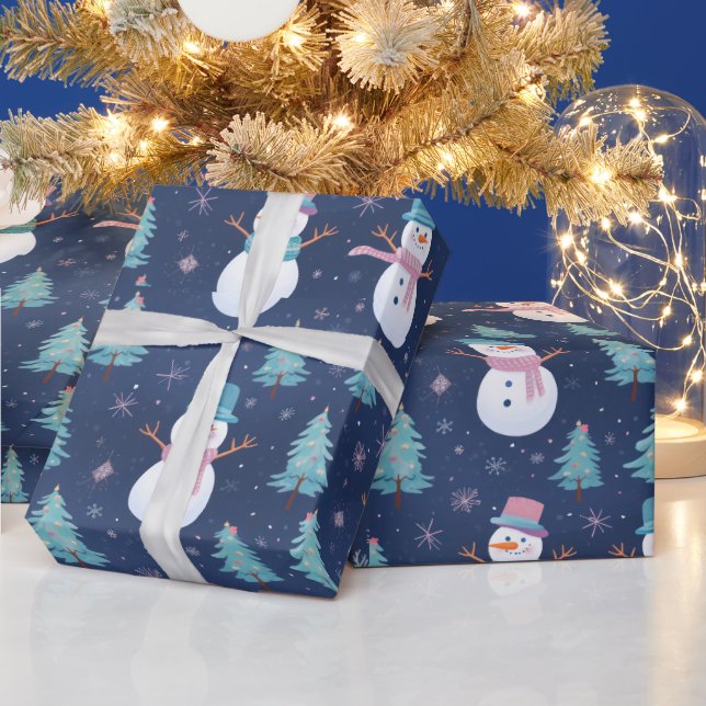 Snowmen Snowflakes Trees Modern Christmas Wrapping Paper (Holidays)
