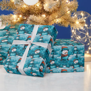 Snowmen Snowy Field Trees Blue Christmas Wrapping Paper