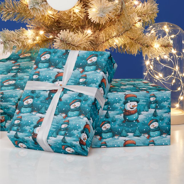 Snowmen Snowy Field Trees Blue Christmas Wrapping Paper (Holidays)