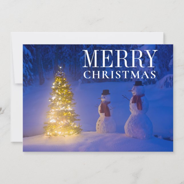Snowmen Standing Next To Christmas Tree Holiday Card (Front)