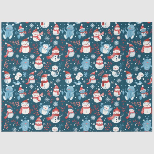 Snowmen Teddy Bears Snowflakes Greenery Christmas Tissue Paper (Front)