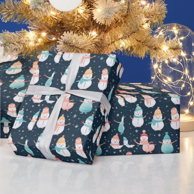 Snowmen trees Snowflakes Modern Christmas Wrapping Paper (Holidays)