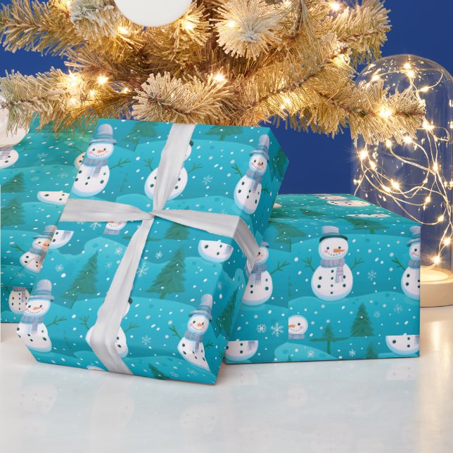 Snowmen trees Snowflakes Modern Christmas Wrapping Paper (Holidays)