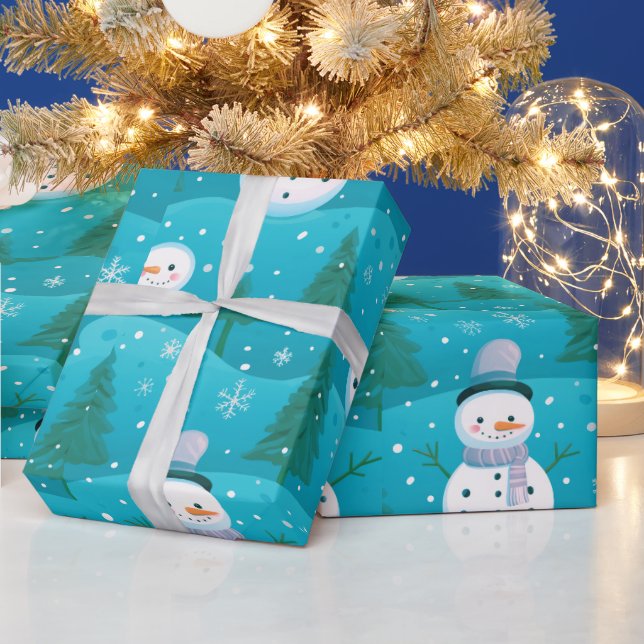 Snowmen trees Snowflakes Modern Christmas Wrapping Paper (Holidays)