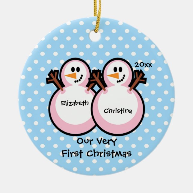 Snowmen Twin Girls Baby's First Christmas Ornament (Front)