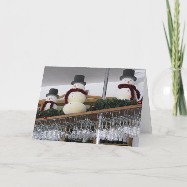 Snowmen Wine Bar Greeting Card, envelopes included Holiday Card (Front)
