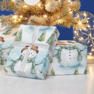 Snowmen Winter Berries Greenery Modern Christmas Wrapping Paper