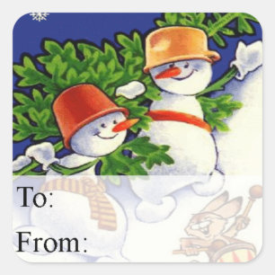 Snowmen With Christmas Tree Vintage Gift Tag