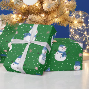 Snowmen with Emerald Green Background  Wrapping Paper
