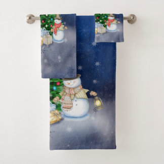 Snowmen with Gifts Under the Christmas Tree Bath Towel Set
