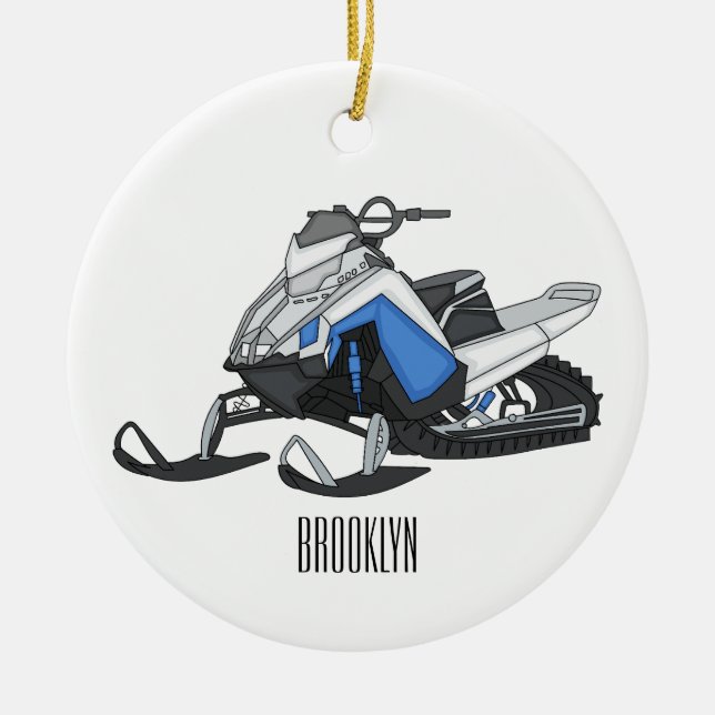 Snowmobile cartoon illustration  ceramic tree decoration (Front)