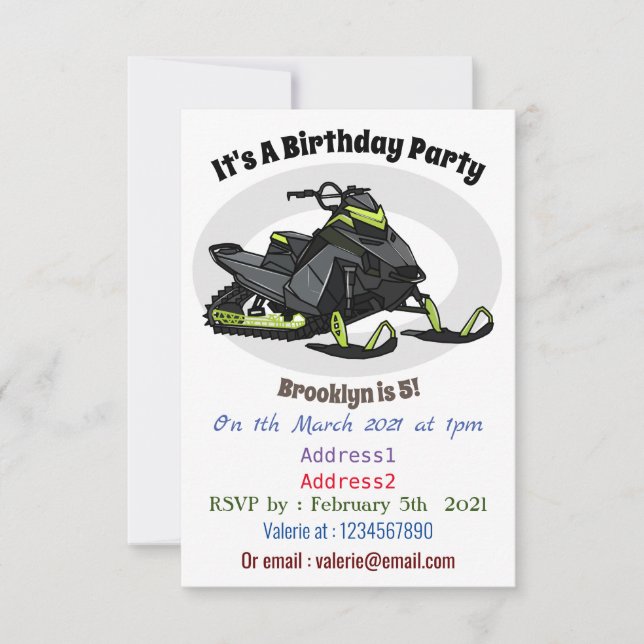Snowmobile cartoon illustration invitation (Front)