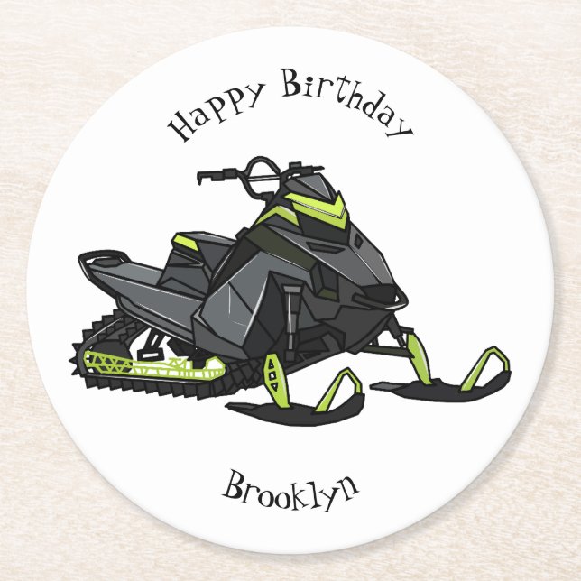 Snowmobile cartoon illustration round paper coaster (Front)