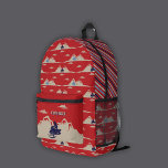 Snowmobile Mountains Patterned Personalised Printed Backpack<br><div class="desc">Create a personalised backpack for your favourite snowmobiler when you add their name to this bag. It features a pattern of snowmobiles,  snowy mountains and fluffy clouds in shades of blue and ivory or cream set against a red background.</div>