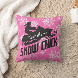 Snowmobile Snow Chick Pink Snowflake Cushion