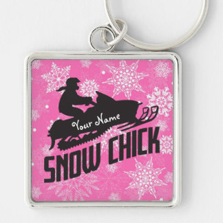 Snowmobile Snow Chick Pink Snowflake Key Ring