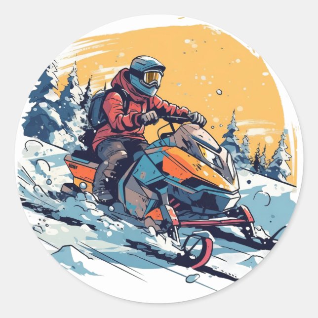 Snowmobile Theme with Sunset Birthday Sticker (Front)