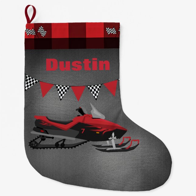 Snowmobile with Checkered Flags Large Christmas Stocking (Front)