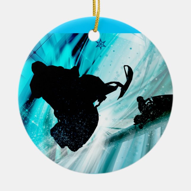Snowmobiling on Icy Trails Ceramic Tree Decoration (Front)