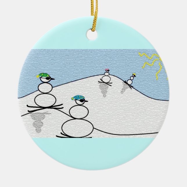 Snowpeople Skiing Ceramic Tree Decoration (Front)
