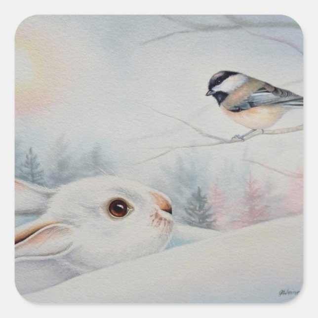Snowshoe Rabbit & Chickadee Bird Watercolor Art Square Sticker (Front)