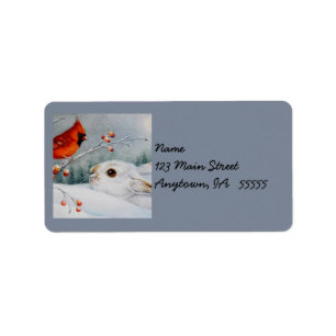 Snowshoe Rabbit & Red Cardinal Bird Watercolor Art Label