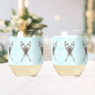 Snowshoes On Old Paper Stemless Wine Glass