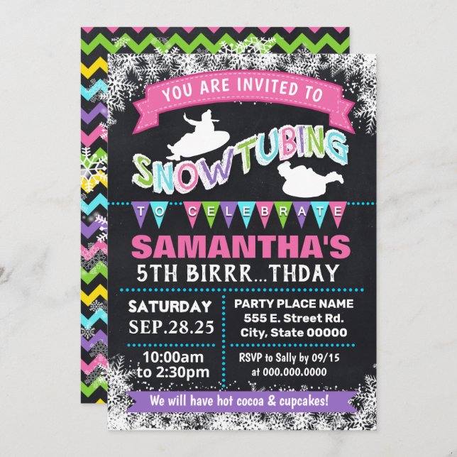 Snowtubing birthday pink sleeding party bash invitation (Front/Back)