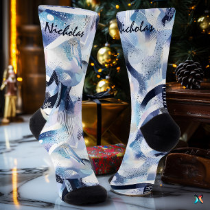 Snowy Abstract Winter Socks in Blue and Lavender