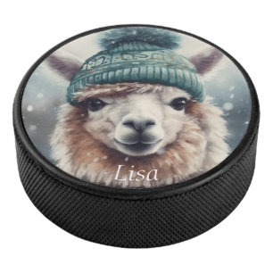 Snowy Alpaca Winter Sports Custom Name Hockey Puck