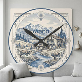 Snowy Alpine Blue Mountain Landscape Rustic Chalet Round Clock