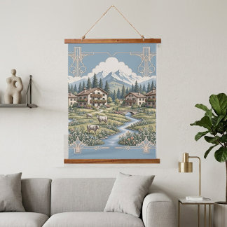 Snowy Alpine Clouds Pine Trees Country Meadow Blue Hanging Tapestry