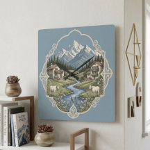 Snowy Alpine Mountain Landscape Rustic Chalet Blue