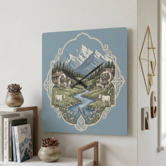 Snowy Alpine Mountain Landscape Rustic Chalet Blue Square Wall Clock