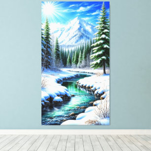 Snowy Alpine Valley With Sunlit River Canvas Print