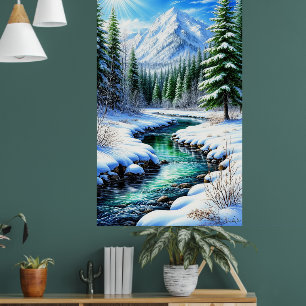 Snowy Alpine Valley With Sunlit River Poster