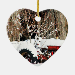 Snowy Antique Tractor Ceramic Tree Decoration