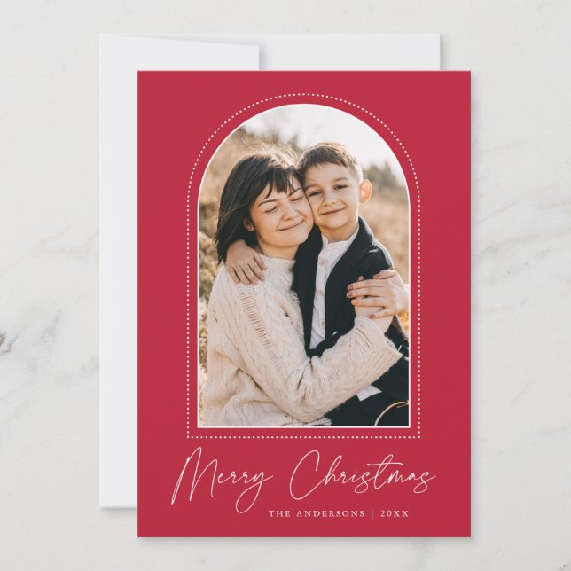 Snowy Arch Red Merry Christmas Photo Holiday Card (Front)