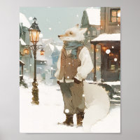 Snowy Arctic Fox Watercolor Portrait with Scarf