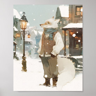 Snowy Arctic Fox Watercolor Portrait with Scarf Poster