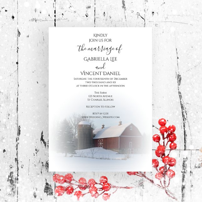 Snowy Barn and Silo Winter Country Wedding Invitation (Creator Uploaded)