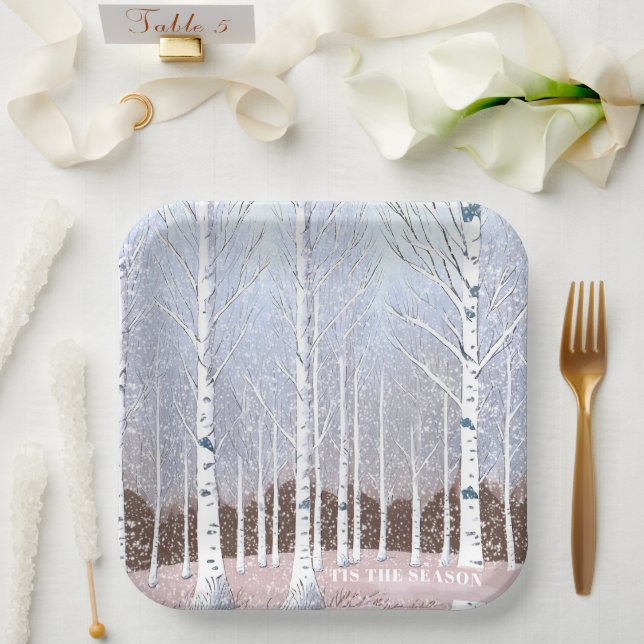 Snowy Birch Trees Christmas Dusty Blue ID1003 Paper Plate (Wedding)